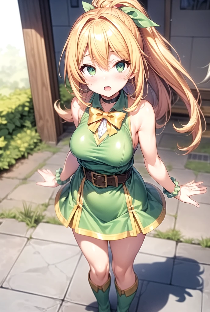 Flat chest, loli, blonde hair, big green eyes, low ponytail, parted bangs, (shiny skin:1.2), classroom, transparent clothes, wide hips, thighs, full body, long frilled skirt, black skirt, (masterpiece), (abundant detail)