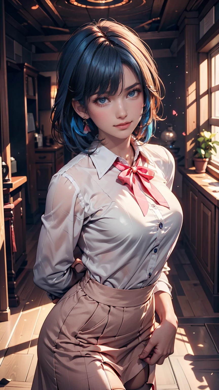 24-year-old female、Long eyelashes、pants suit、A bow tie、Tie your hair back、Narrow waist、Sheer blouse、mature female body、Suit jacket、Folded ponytail((folded ponytail))、Sexy pose