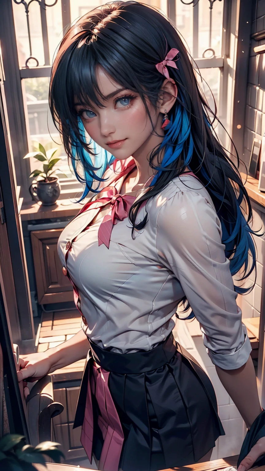 (Explicit content warning) [(masterpiece: 1.1, Highest quality: 1.1), Shy in uniform shows off, emphasize, panties, thin, Slightly 0.8. Blue Hair, Wet,