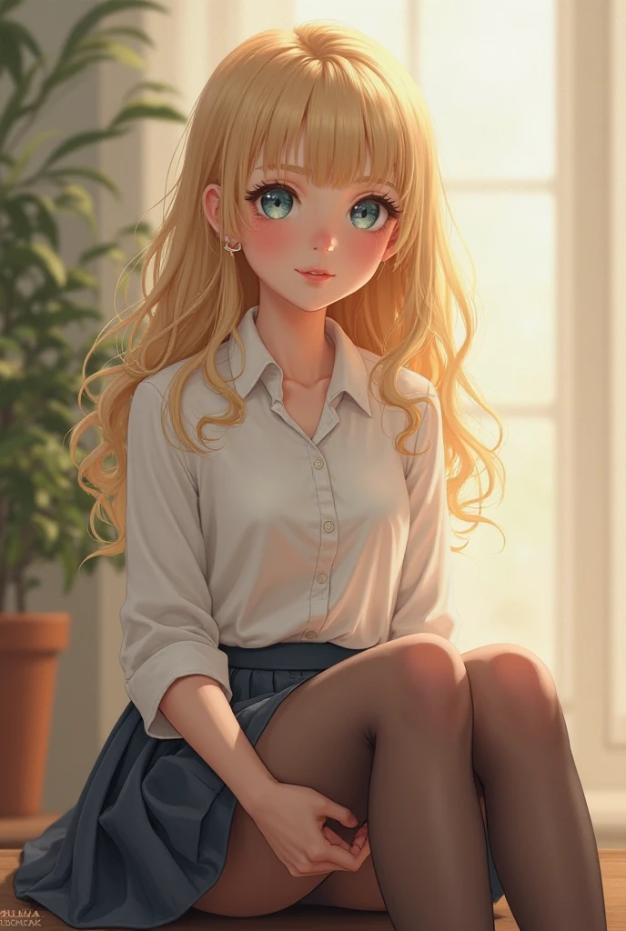 Photorealistic, Beautiful, white, older child, wearing short sleeved white blouse, smiling brightly, wearing white thigh highs, wearing white heels, wearing black miniskirt, long blonde hair, sitting on corner of office desk in an executive office suite, extreme detail, 8k, wallpaper, ultra realistic skin