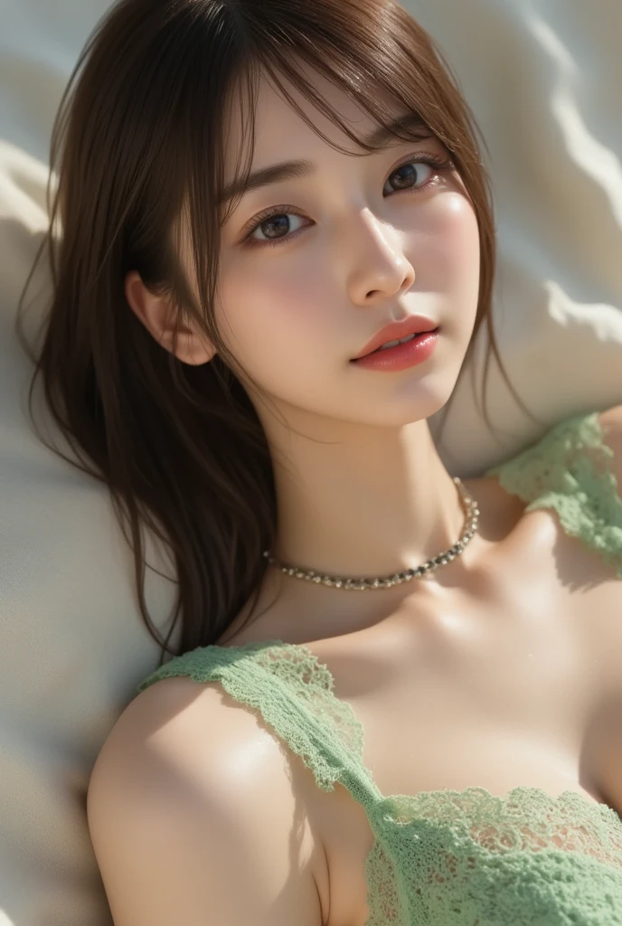 a 20 year old girl, beautiful detailed eyes, beautiful detailed lips, extremely detailed face, longeyelashes, D cup, natural color lip, random sexy pose, smile, looking at camera, Do gal makeup, sheer Moss Green dress, Lying on his back on the bed, (best quality,4k,8k,highres,masterpiece:1.2),ultra-detailed,(realistic,photorealistic,photo-realistic:1.37),HDR,UHD,studio lighting,ultra-fine painting,sharp focus,physically-based rendering,extreme detail description,professional,vivid colors,bokeh,portraits,midnight,blurred background