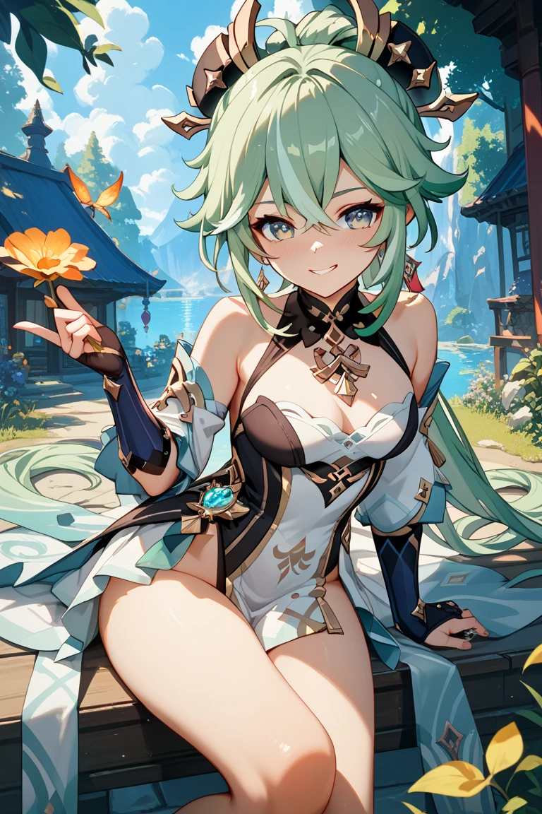 (Very good image quality), 1 girl Emerald green hair, long twin tails hair, back braid, low braid, bangs covering one eye, white veil, beret, silver tiara, yellow eyes, black blindfold, (chain) (bracelet with chain), (leg rings with chains)(chain connected to the wall), fully extended arms, fully extended legs, magical girl, off-shoulder, Kimono over bikini,pleated skirt, spreading skirt, bikini that can be worn inside, lace fabric bikini, black bikini, garter belt, Thigh-high socks, exhaustion, blushing, sweatyumekawa,yumekawaii,pastel color,(wonderland garden:1.3),rainbow waterfall,dripping ink,imagination,(Castle:1.4),