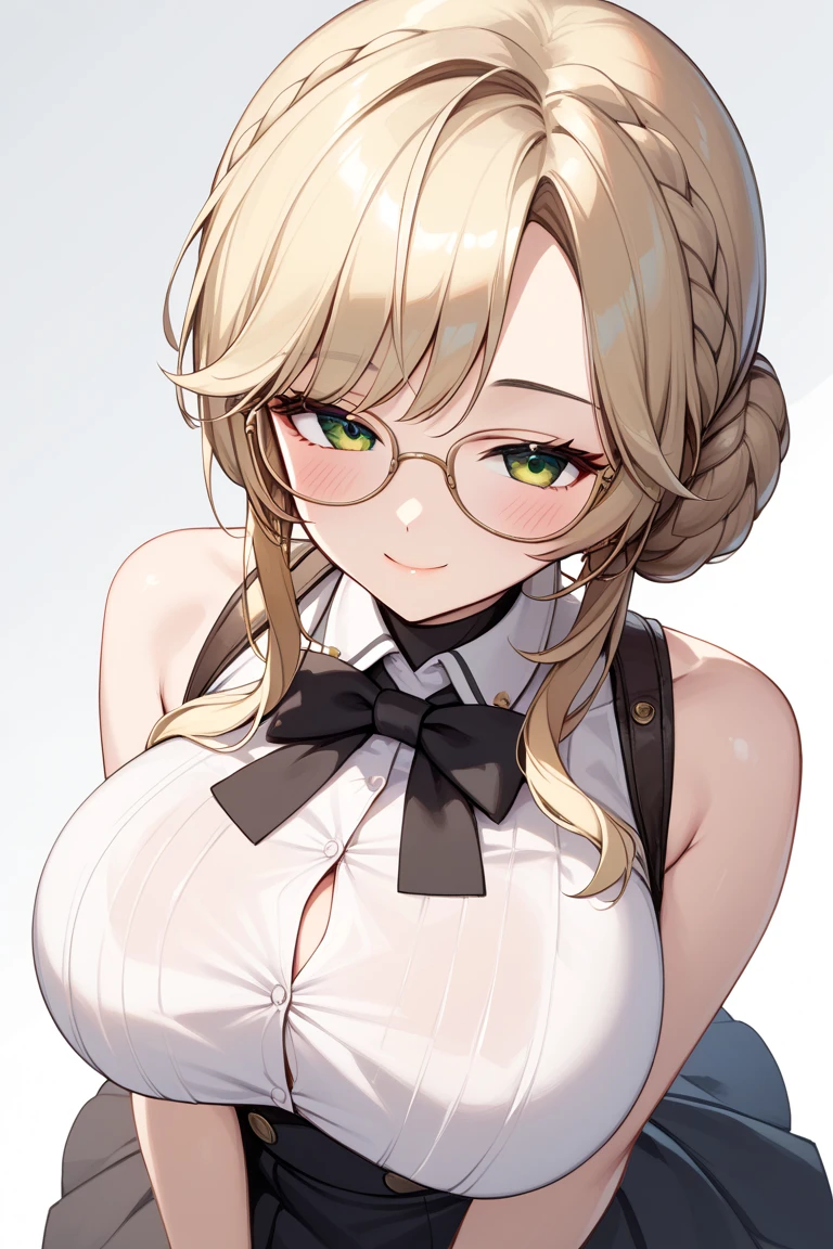 Titanic tits, (slut), (elegant slutty:1.1), platinum blonde, (detailed face and eyes:1.2), huge messy bun, (tight button blouse), (bursting buttons), (bursting seams), (miniskirt), huge glasses, (detailed hand and finger:1.2), (medium breasts:1.2), (busty), (deep cleavage:1.2), (labia outline:1.3), (hard teat:1.3).