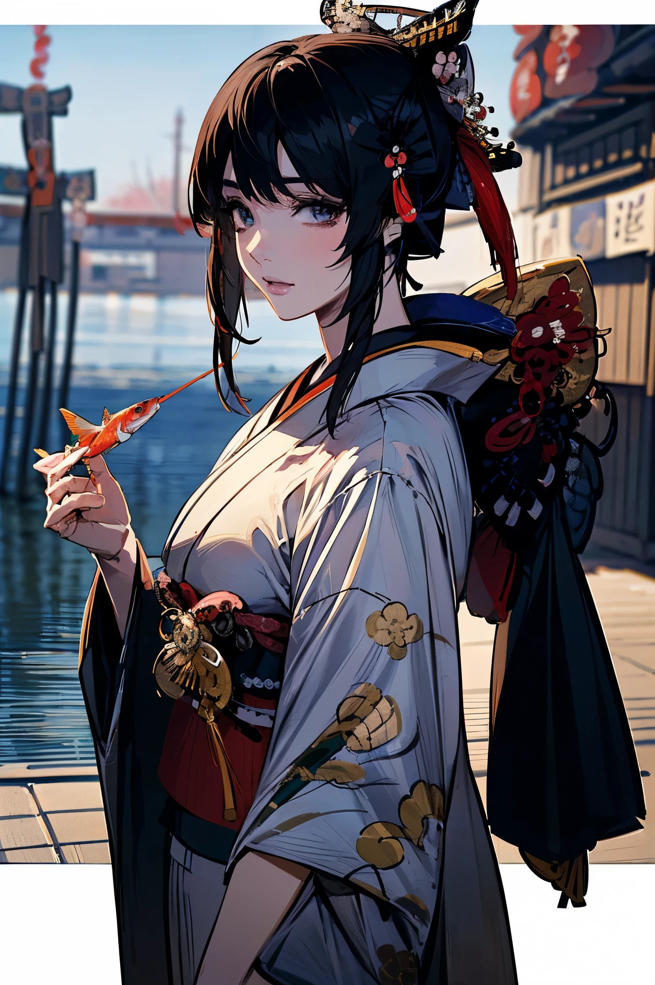 (masterpiece:1.5),beautiful hair,Beautiful Eyes,beautiful lips,Beautiful slender body,(Konno Anna:1.2),(Riho Yoshioka:1.1),(random expression:1.3),(Riverside:1.4),bust illustration from the front ,((((An Extraordinary Beauty:1.7)))),(((( kimono,Taisho Romance:1.5)))),((19-year-old single woman holding a fish in her hand:1.1)),(accurately depicted anatomically correct hands:1.1)black hair,long lashes,Three-dimensional, jewel-like eyes,Very delicate and beautiful CG,2. 5D illustration, anatomically accurate body, (very precise illustration:1.1),(Outdoors:1.4), (wallpaper:1.4),8k