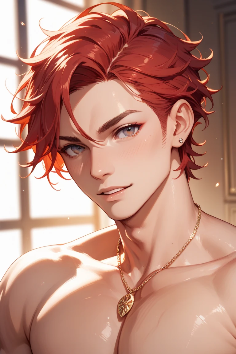 absurdres, highres, ultra detailed, HDR, master piece, Eustass ???, red hair, expressive brown eyes, red lips, black headband, bare chest, toned chest, One Piece, sexy man, room, handsome, best quality, flowers, fantasy, magical, solo, blue shining fireflies, blue petals, sensual