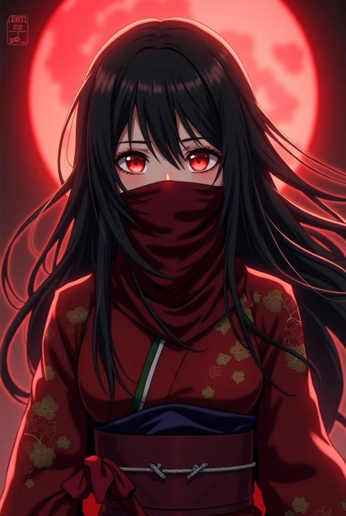 Japanese woman, defined, large breasts, long black hair, deep black eyes, dressed only in bandages except her face, background of living forest with several black bodies in the trees, Lots of fog around, scary faces in the trees, red sky,