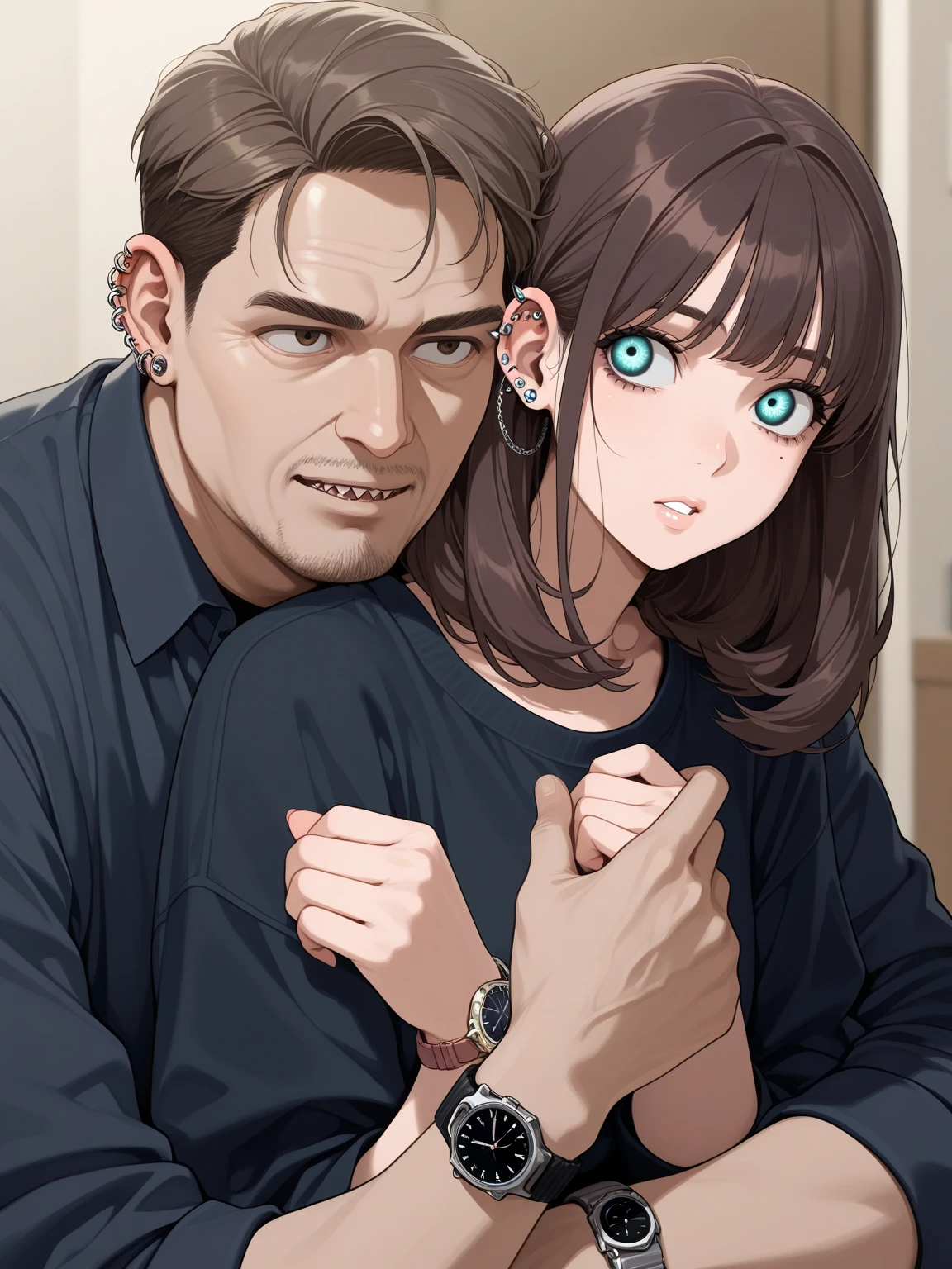 (masterpiece:1.4), high quality, high definition, sharp focus, detailed clothes, detailed body, detailed face, anime, best quality, 4k, 8k, absurd resolution, intricate detail, detailed hands, detailed eyes, animation, illustration, highly detailed, highres, extremely detailed, <lora:perfetfingers:1>, OverallDetail, edgQuality, Earth-QualityPos, BodyPositive, Best_QualityPos, ah1, <lora:hyperrefiner_v090:0.6>, <lora:add_detail:1>, <lora:hyperdenoiser_v090:0.6>, (kabedon against wall), from side, wall, couple, age difference, (height difference:1.5), (tall boy), (short girl:1.4), (looking at another), (petite girl), (boy looking down), standing, (picture of Albert wesker with ETO_OCC:1.3), hetero <lora:kabedon_from_side_retry:0.7>, <lora:ETO_OCC002:0.7> ETO_OCC, black hair, (curly hair:1.5), long hair, thick eyebrows, (plump), (curvy), (thick), (hazel eyes:1.3), (parted bangs:1.4), <lora:ETO_OC:0.2> ETO-OC, blush, shy, 1girl, big breasts, skindentation, school uniform, short girl, (Albert Wesker), shades, sunglasses, 1boy, slick back hair, <lora:AlbertWeskerRE:0.5> AlbertWeskerRE, (evil grin:1.1), tall boy, <lora:kabedon_v10:0.6> (kabedon), (1boy against wall), eye contact,