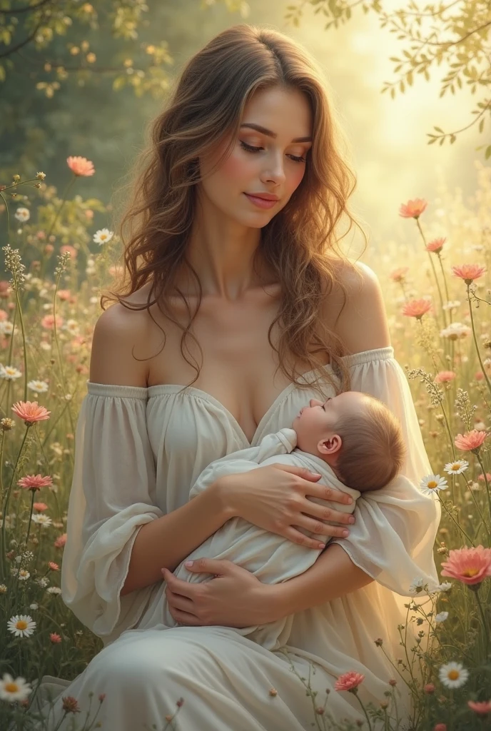 Imagine a serene and loving goddess sitting in a peaceful, natural setting, breastfeeding her newborn baby. She has long, flowing hair that shimmers with a soft, golden light, cascading over her shoulders as she cradles her child. Her eyes are filled with warmth and tenderness, reflecting her deep, nurturing love.

She is dressed in a simple yet elegant gown made of soft, flowing fabric that drapes gracefully around her body. The gown is adorned with subtle celestial patterns—stars, moons, and flowers—that symbolize her divine nature and her connection to the universe. The fabric gently falls to one side, allowing her to comfortably hold her baby to her breast, offering nourishment.

Her baby, wrapped in a soft, light blanket, looks up at her with innocent, wide eyes, one tiny hand resting against her skin. The goddess holds the baby close with one arm, her other hand gently supporting the baby's head, her posture relaxed and loving.

Around her, the setting is tranquil and lush, with soft, green grass beneath her and a canopy of trees overhead. Sunlight filters through the leaves, casting a gentle, warm glow over the scene. Nearby, a small stream flows quietly, and birds sing softly, adding to the peaceful ambiance. Flowers bloom around her, their colors vibrant and their petals gently swaying in the breeze.

A soft, golden aura surrounds the goddess, radiating warmth, peace, and divine love, highlighting the beauty and sacredness of this nurturing moment. She embodies the essence of motherhood, blending her divine presence with the universal bond between a mother and her child.