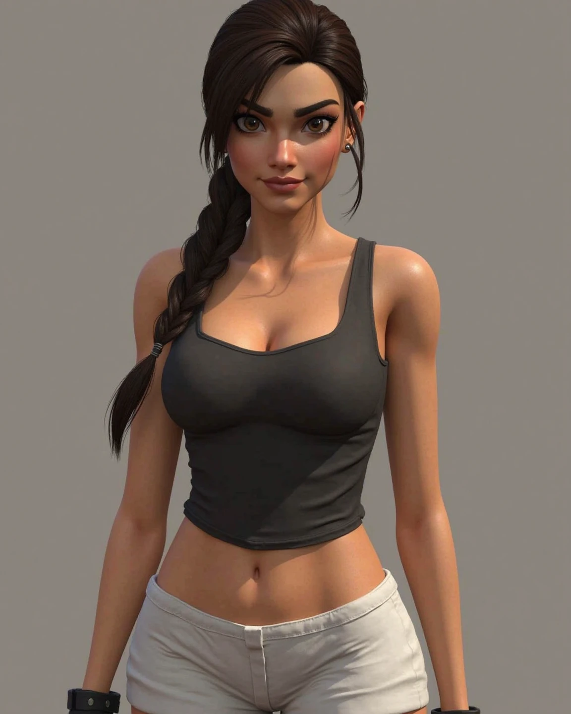 Salma Hayek as Tifa Lockhart, cleavage, huge breasts, white tank top, (toned:1.2), thick black eyebrows, black hair, eyeliner, eye shadow, pretty face, full body, front view, realistic, high quality, realistic, textured skin, skin pores, light rays, god rays, oily skin, rim lighting, pokies, bokeh background, TifaOG