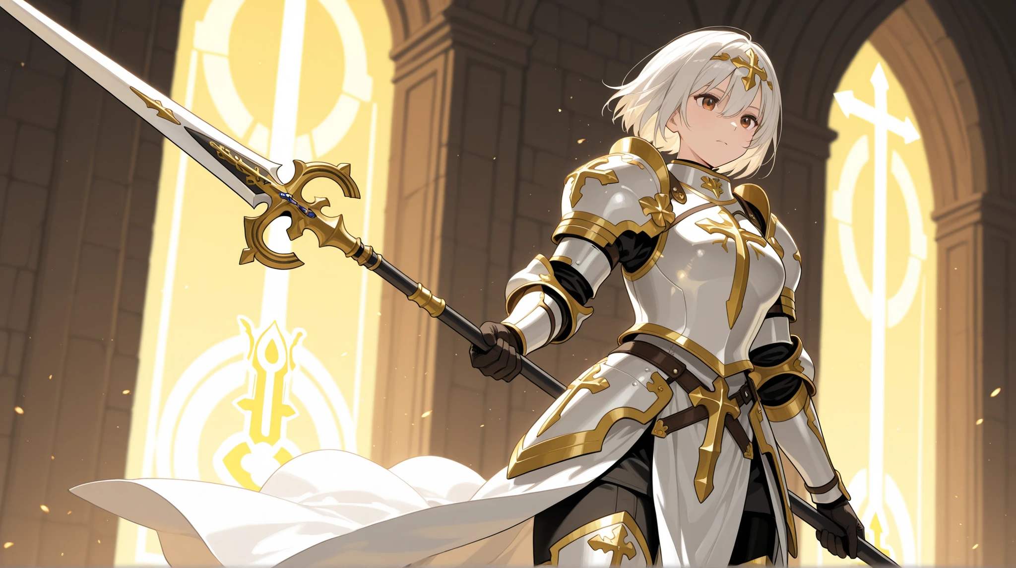 Female Knight, short hair, ceremonial light armor, Holy symbol , Long Spear ,