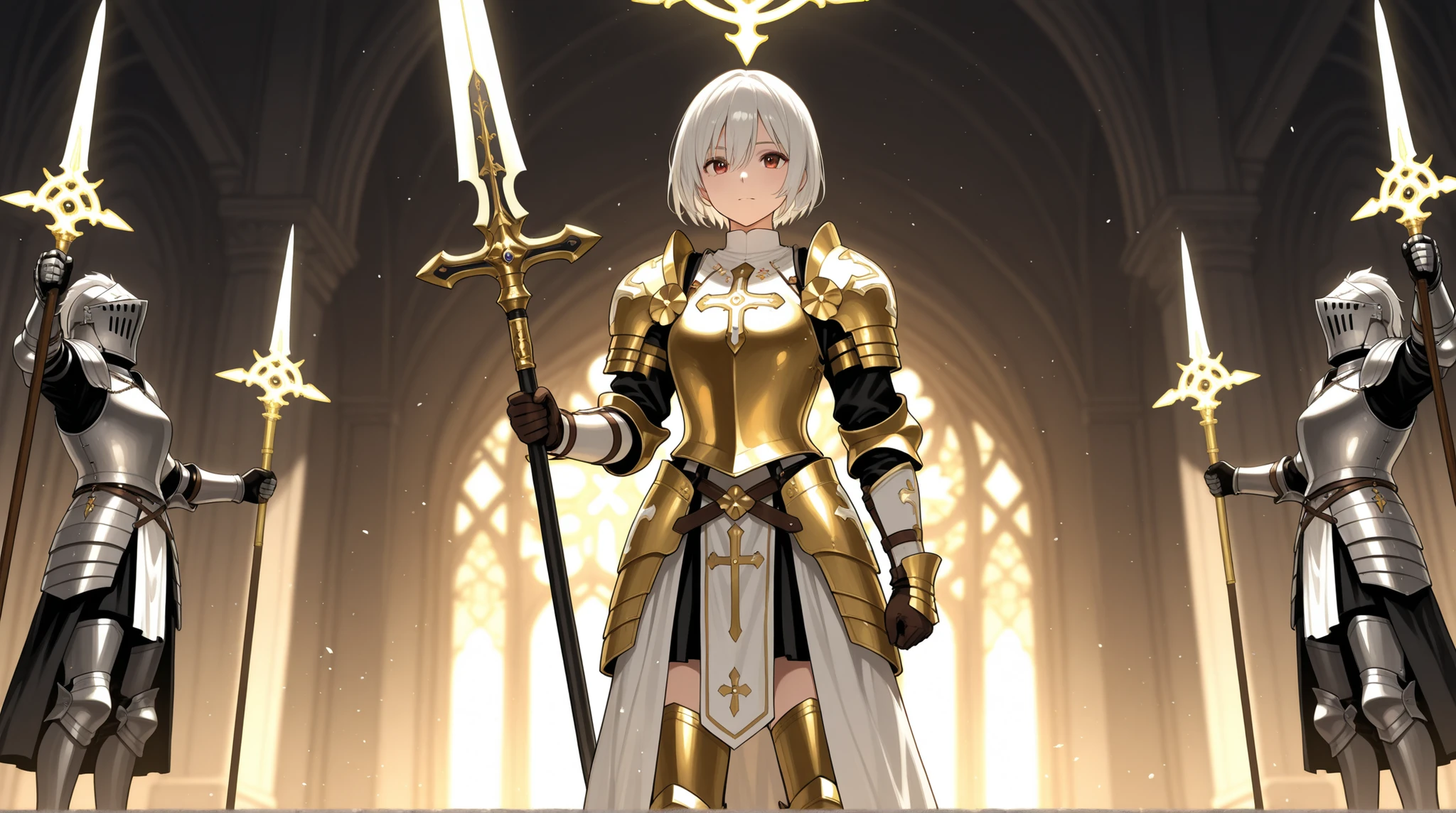 Female Knight, short hair, ceremonial light armor, Holy symbol , Long Spear ,