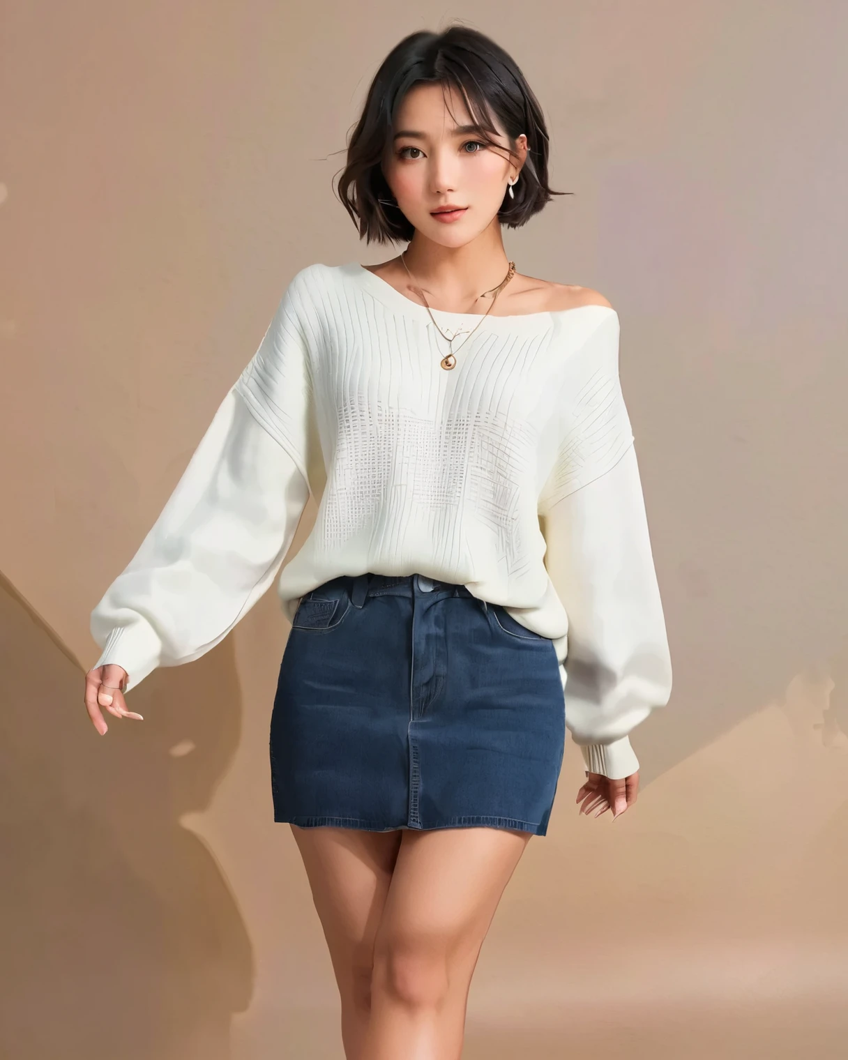 (Best Quality, 8k, 32K, masterpiece, Ultra High Resolution:1.2),pictures of beautiful Japanese women, big breasts, very short bob hair,full body,(oversized_ sweater ,:1.1) necklace, simple background, look around, denim_skirt,