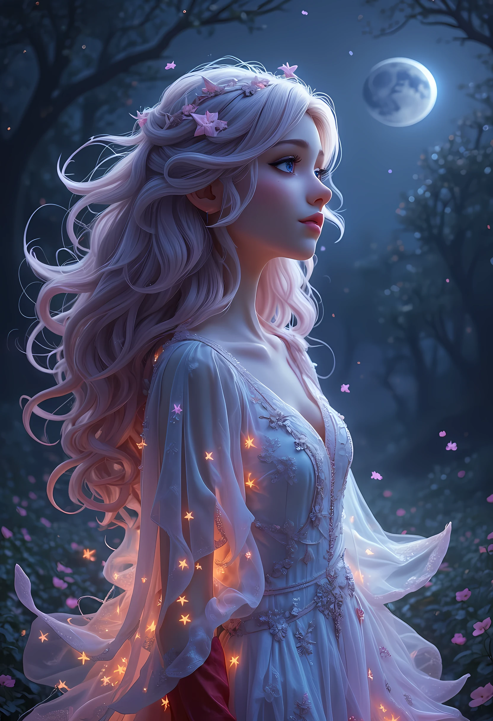 a picture of woman wearing transluminescent dress, black silk dress, intricate dress, transluminescent dress, transparent dress, red sleeves, epic beautiful woman, divine beauty, serene beauty, lush hair, long hair, stars entwined in the woman's hair, fantasy art, night time, the moon rises, creating a silhouette,
