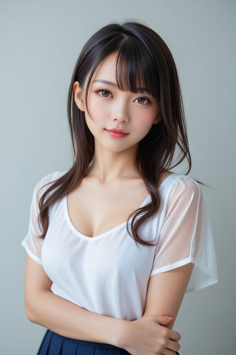 ulzzang-6500-v1.1, (RAW photo:1.2), (Photoreal), beautiful detailed girl, (See-through:1.3), (genuine: 1.4), very detailed目と顔, beautiful and detailed eyes, elegant long dress、(very kind smile:1.2)、huge file size, High resolution, very detailed, highest quality, [masterpiece:1.6], enlightenment, very detailed, nffsw, finely, highest quality, 8k wallpaper, movie lighting, 1 girl, , perfect body shape, cute droopy eyes、beautiful big eyes、 ((muste piece)), highest quality, 1 girl, eye shadow, Upper body, portrait, ((full body shot:1.5))、