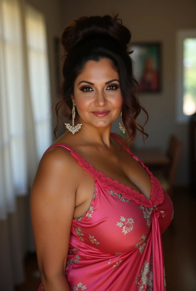 1 mexican woman, gorgeous, 55 y.o, Louisa, dominessa, mature, Long Wavy black Hair, dark brown eyes, black hair, red dress, cleavage, smiling, pink lipstick glossy, sensual Lipstick