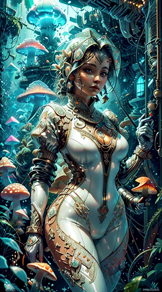 unusually beautiful humanoid female . in its natural form. seductive.horror.steampunk.Alien world, filled with unusual flora and fauna, intricate spiral curved plants, craters, biomicry, bright colors, BLUE, Black, emerald ultramarine.