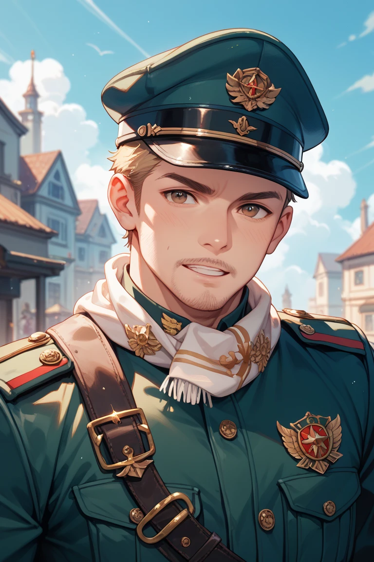 score_9, score_8_up, score_7_up, score_6_up, perfect anatomy, perfect proportions, best quality, masterpiece, high_resolution, high quality, aesthetic, absurdres, (male focus), solo male, Sadiq Annan \(Hetalia\), Sadik Adnan, brown hair, short hair, brown eyes, sideburns, facial hair, (chinstrap stubble, jawline stubble), military uniform\(SadÄ±k Adnan\), green military coat, tan scarf, green miliatay cap, black gloves, adult, mature, masculine, manly, handsome, charming, alluring, smile, standing, portrait, headshot, close-up, dutch angle, cowboy shot, Hagia Sophia \(building\) background, official style \(Hetalia\)<lora:EMS-419730-EMS:0.800000>