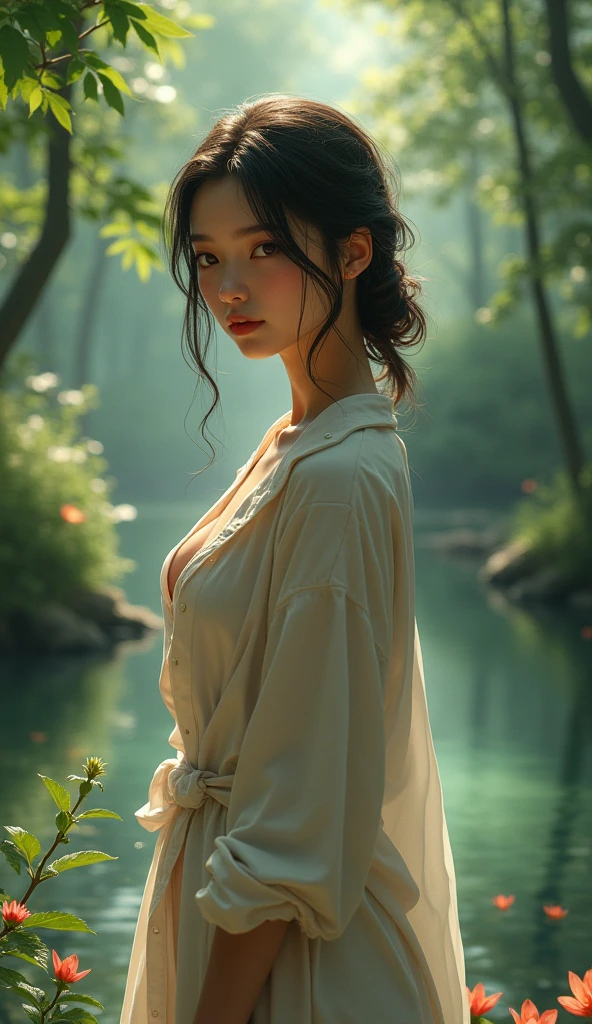 realistic, Highly Detailed CG Integrated 8 thousand Dendenden Wallpapers, Detail, High quality RAW color photos, professional photography, (8 thousand, RAW photos, best quality, table top: 1.2), (realistic, realistic: 1.37), (Nano Bikini:1.4), transcendent beauty, young and cute, indian woman, glowing skin, big bust, half exposed chest, (cleavage of breasts:1.2), (fair face:1.2), (long hair blowing in the wind:1.2), (small pond in the forest:1.5), clean face, blemish-free face, beautiful waist, ((dressed up)), Perfect_possession, (wearing pajamas:1.4), (Copper-colored skin color:1.3),
