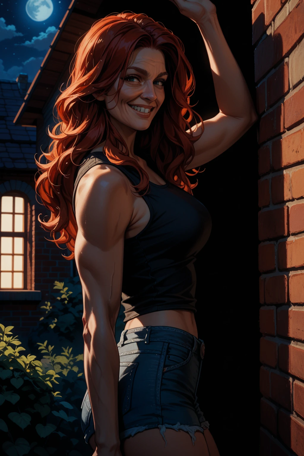 ((ultra realistic illustration:1.2)), Tall, slender ((redhead)) woman of Irish descent. (pale:1.3)complexion. blue eyes, cute butt, nice legs. Kind eyes, cute ((smile:1.2)). Ponytail, (Eyeglasses), light makeup, necklace, tank top, skinny jeans, stiletto heels. Eating at casual Mexican restaurant. Masterpiece, (highly detailed:1.2),(detailed face and eyes:1.2), 8k wallpaper, natural lighting. core shadows, high contrast, bokeh.