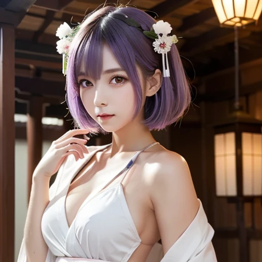 the same,
One Woman,
Purple Hair,
(Short Hair.05),Ashime,straight,
((Flower Hair Ornaments)),
Natural skin texture,Big ,Narrow waist,
Pink Lipstick,
black,Long-sleeved kimono,Kimono,Hakama,
temple,Outdoor,flower bed,
Slightly larger breasts,expression(Puzzled),Healthy attitude,
Closed Mouth,blush,from the front,forward leaning posture,
Squint your eyes,
Natural depiction,
Beautiful depiction,
Shiny eyes,
Healthy Body,
Natural hairstyle,
Natural body contours,
Natural facial contours,
Sharp eyelid depiction,
Keep the subject in the center,
Beautiful image quality,Delicate shades,4K,Very detailed,Delicate light adjustment,Delicate contour drawing,