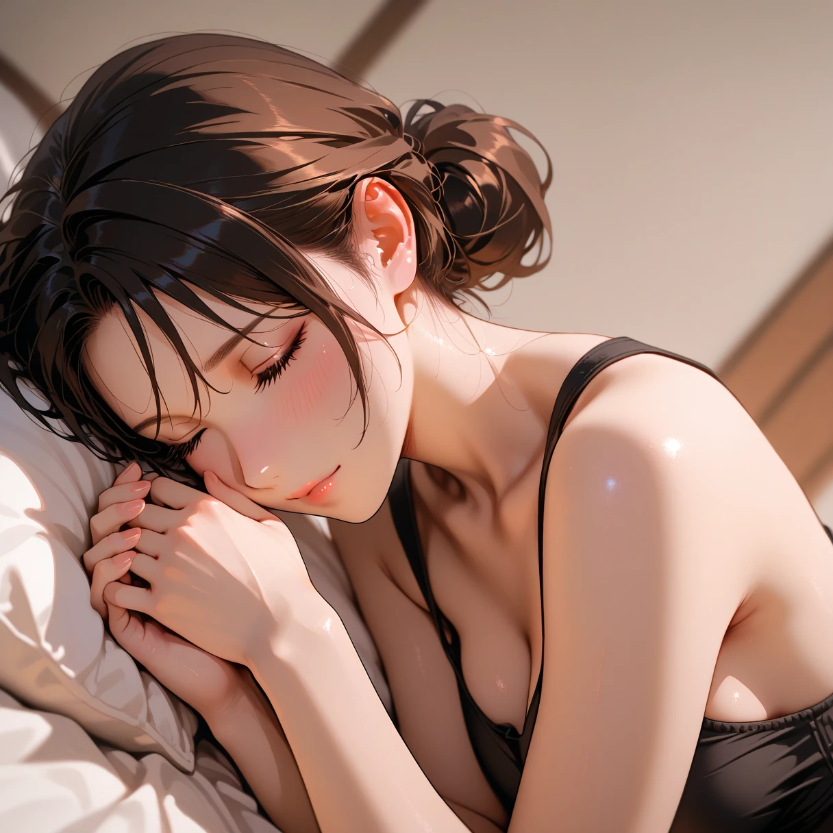 masterpiece, Highest quality, Very detailed, To the camera, 複雑に詳細なVery detailedな, Realistic, Sharp features, Very detailed, Sharp focus, Perfect Face, Perfect Face, Perfect symmetry and perfect eyes, Perfect Plump Lips, Flexible female form, Cinematic, Film Light, Very detailedな, hyper Realistic, masterpiece, Atmospheric, High resolution, Vibrant, Dynamic Studio Lighting, ((Dark Background)), Facial expressions when feeling happy, (Woman lying in bed),(Plump butt),Realistic、Perfect body、(Curved waist)、(Woman sleeping face down)、Eyes closed, sleeping expression、(whole body)