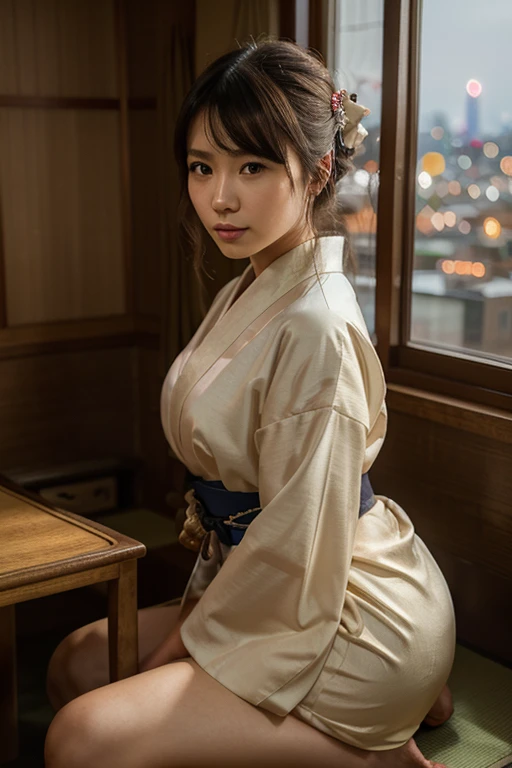 Best quality, masterpiece, ultra high res, in a japanese temple, (photorealistic:1.4), smiling, one beautiful woman,), (yukata), geisya, samurai, Huge ass，Huge breasts, silk clothes, sexy dress, beutiful kimono, wide camera, full body