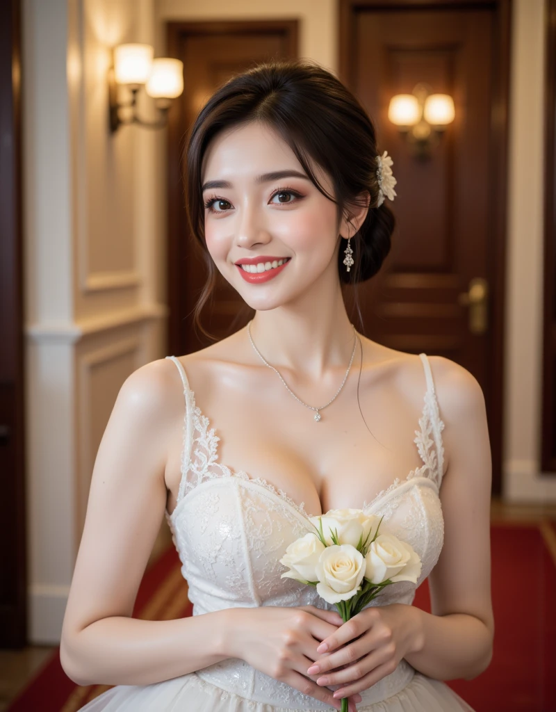 (High quality, 4K, HDR: 1.5), Beautiful Sexy Japanese Girl: 1.3, Red lips: 1.1, Glowing skin: 1.2, Big curves: 1.9, Glamorous model: 1.4, ((Beautiful and sexy Japanese girl in a red dot dress at a wedding)): 1.4, Delicate neckline, Shimmering fabric, Couple of straps, Clearly visible cleavage, Beneath the bright wedding lights.