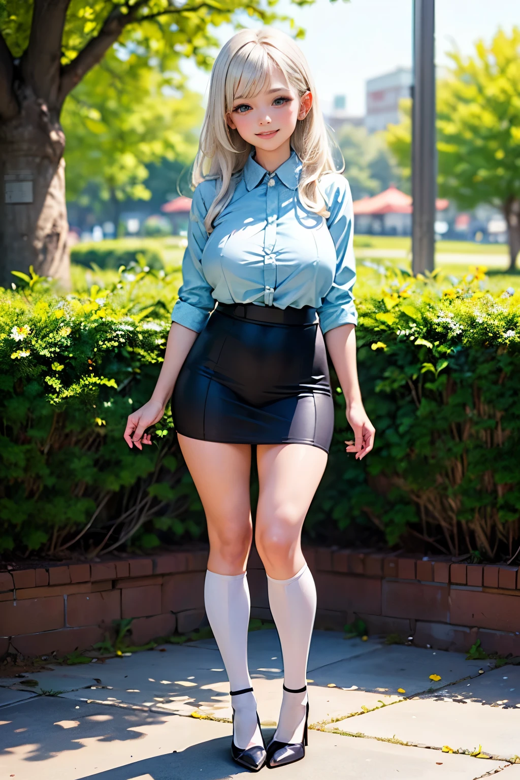 MASSIVE breasts, MASSIVE ass, translucent (khaki plastic) leg warmers, UHD, translucent sleeves skirt, rural sidewalk, tiny thin waistline, tiny waist, high top fade cut, nudity --ar 1:2 -variation