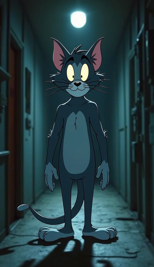 "Shadowy anthropomorphic cartoon cat resembling Tom from Tom & Jerry, standing at the end of a long, warped cartoon hallway. His body is tall and distorted, with long rubbery limbs, classic blue-gray fur, and glowing white eyes. He stands motionless, staring forward. The hallway is dark, flickering with glitchy lights, warped like a VHS tape stretching. Horror-style 1940s cartoon setting, analog horror vibe, no humans, unsettling but still clearly a cartoon."