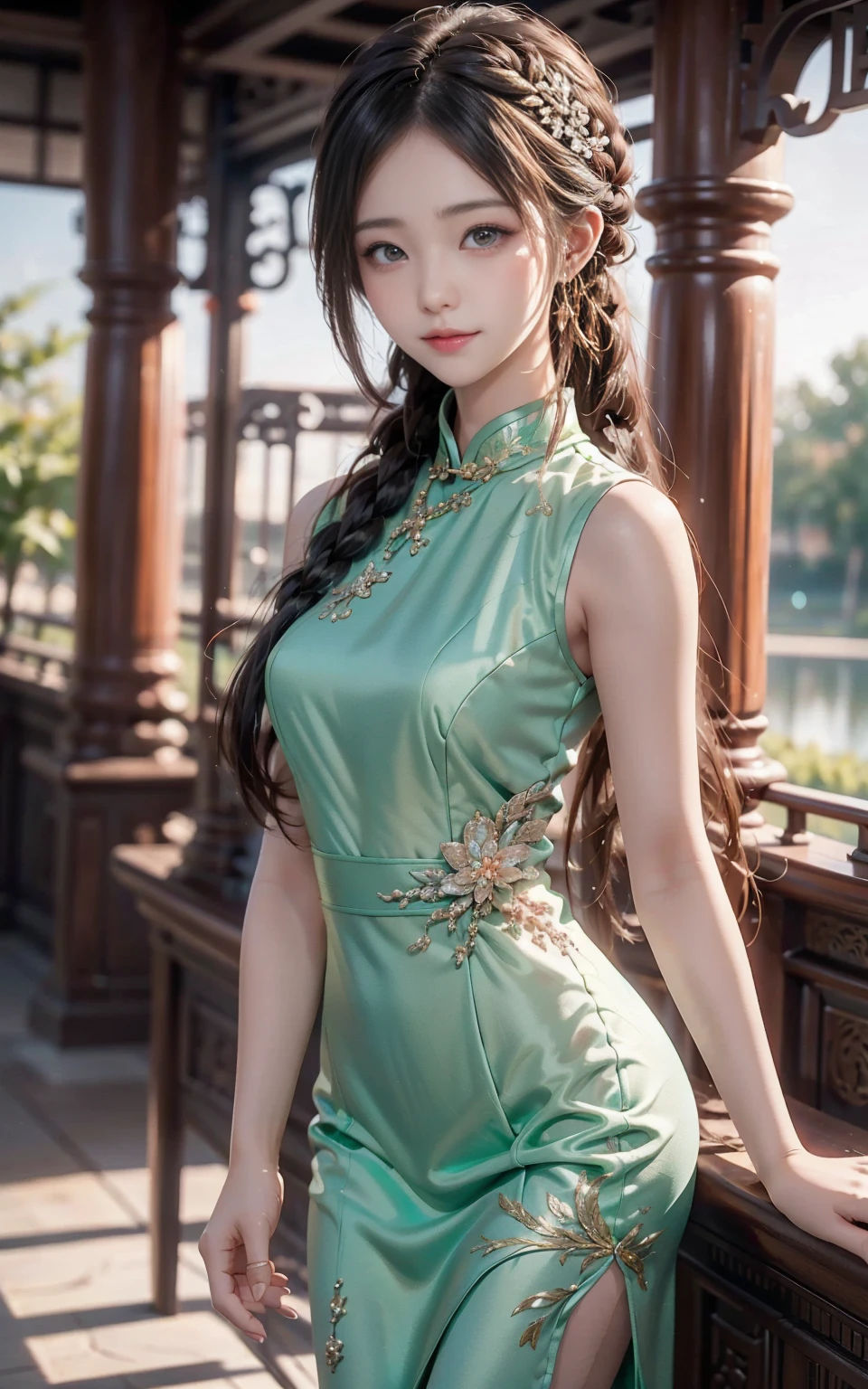 Two women in green dresses taking pictures in the garden, beautiful gemini twins portrait,huge tit,爆乳,sakimichan hdri, beautiful gemini twins, ,green silk dress, Cute elegant pose,Wearing a green cheongsam,Cheongsam with slit,silk cheongsam,In green cheongsam