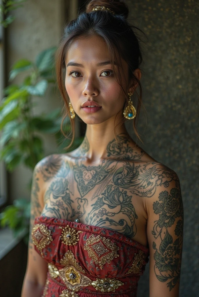 Full nude body photo of a royal demonic hearted mature woman, cursed tattoos,intricate details,faded,extremely detailed eyes, very detailed eyes,4k resolution,levitating islands above the ground, nikon z9,Scary village,stalker,Stone forest in China's Yunnan province, under the rain.