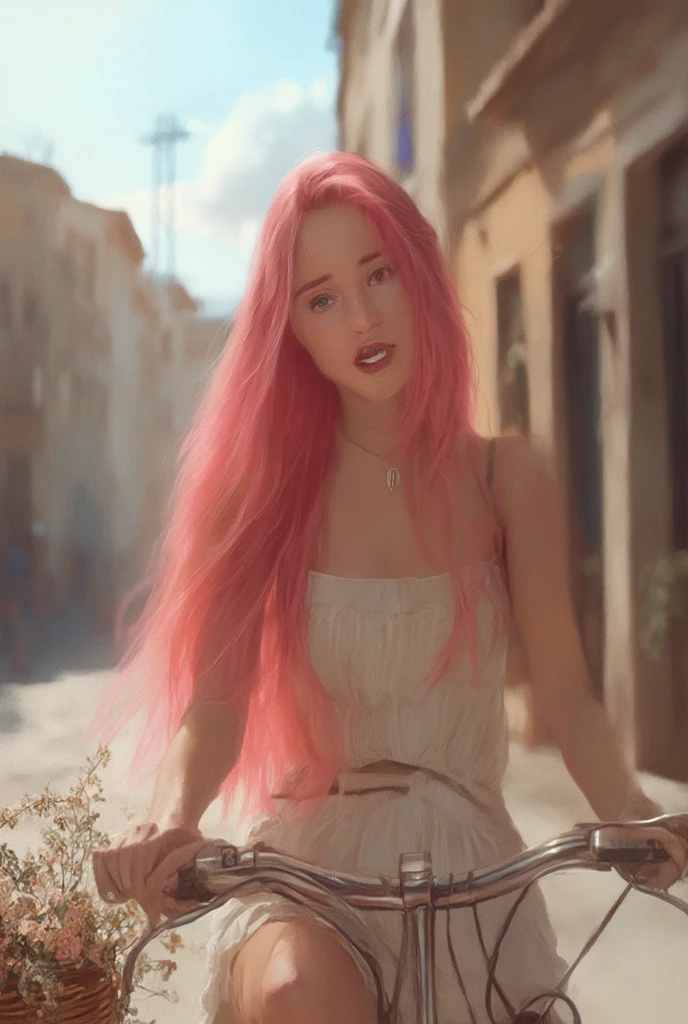 "ultra realism, photorealistic, A 22-year-old Latina girl with super long shiny pink hair and clear blue eyes, sitting on a vintage bicycle in a picturesque European town square. She’s wearing a light sundress with a basket of flowers attached to the bike’s handlebars."