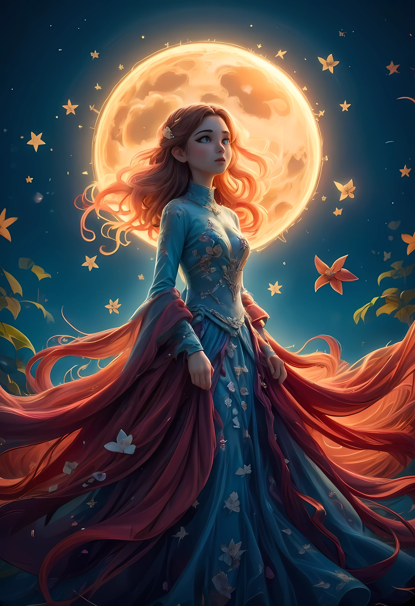 a picture of woman wearing transluminescent dress, black silk dress, intricate dress, transluminescent dress, transparent dress, red sleeves, epic beautiful woman, divine beauty, serene beauty, lush hair, long hair, stars entwined in the woman's hair, fantasy art, night time, the moon rises, creating a silhouette, zavy-ctcmcs