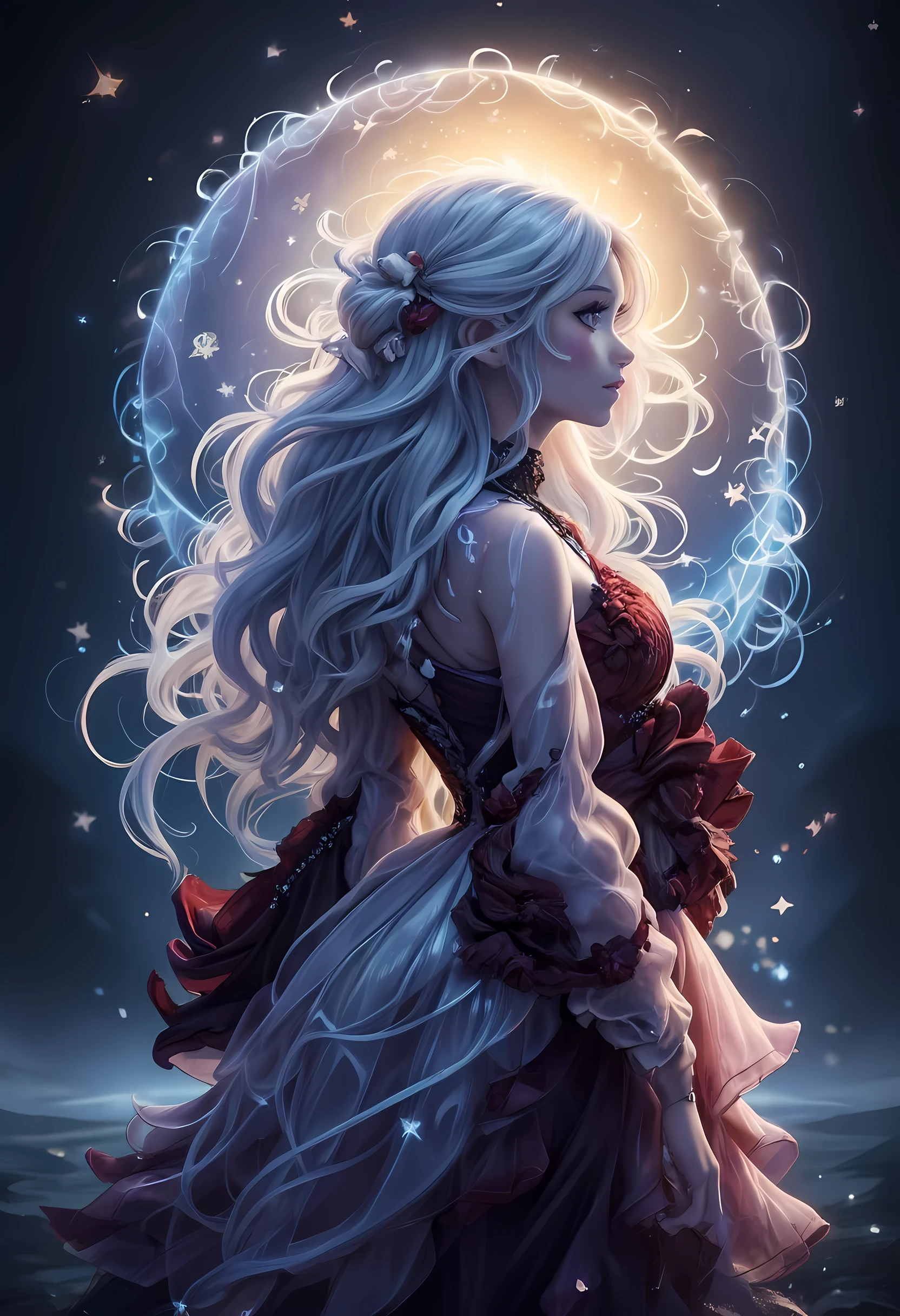 a picture of woman wearing transluminescent dress, black silk dress, intricate dress, transluminescent dress, transparent dress, red sleeves, epic beautiful woman, divine beauty, serene beauty, lush hair, long hair, stars entwined in the woman's hair, fantasy art, night time, the moon rises, creating a silhouette, zavy-ctcmcs