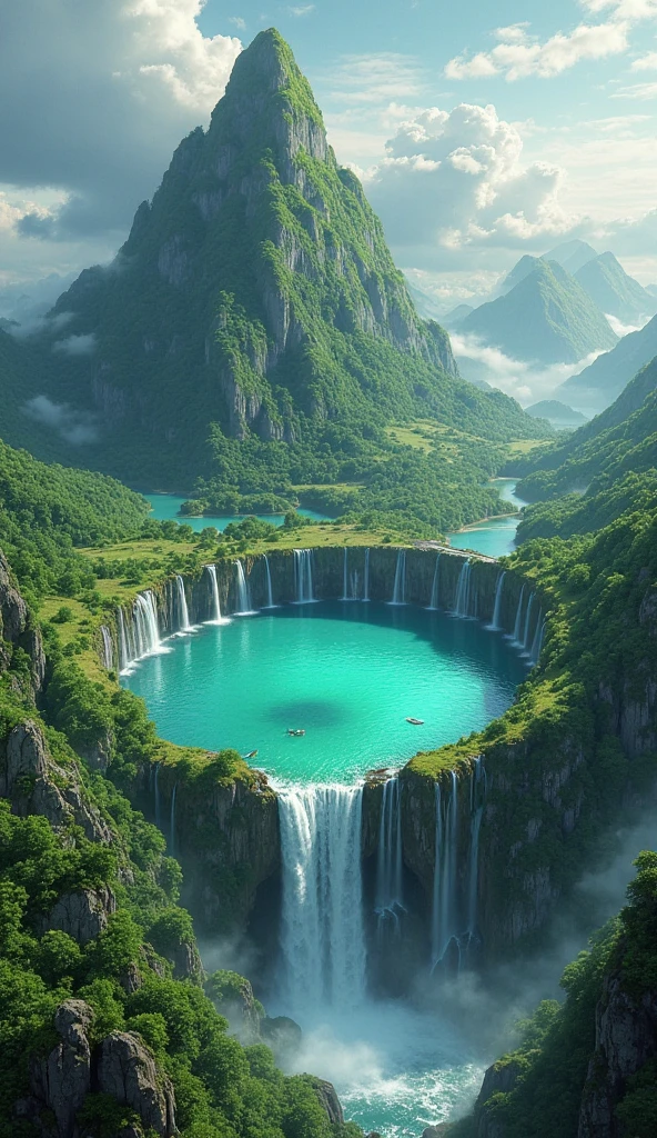 A surreal fantasy landscape featuring a towering green mountain with ...