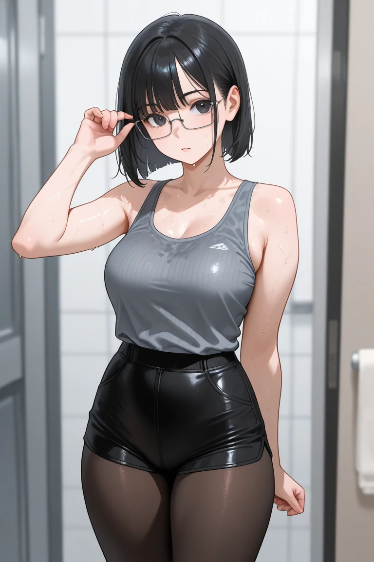(1girl:1.3), Masterpiece, Best quality, amazing beauty, 4K, absurdres, finely detail, super detailed eye, perfect anatomy, official art, cinematic lighting, BREAK, bathroom, silky bob cut, black hair, super shiny detailed brown eyes, Staring Intently, closed-mouth smile, Eyeshadow, glasses, Looks like fun, BREAK , big breasts, tall, medium, pale skin, Are standing, full body, from front, Bold composition, Dimly light, BREAK , (Shirt button:1.2), (Cleavage is visible:1.2), BREAK,()