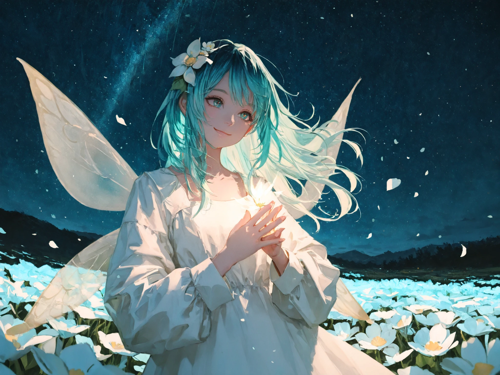 Girls' Front, neat figure, Beautiful detailed girl, young, long hair, flowing hair, Beautiful face, beauty detailed eye, opal-colored hair, smile, flower hair ornament, white dress, overexposure, fairy wings, Hands cupped together, holding light, (petals:1.3), wind, Spring, Flower Field, night, starry sky