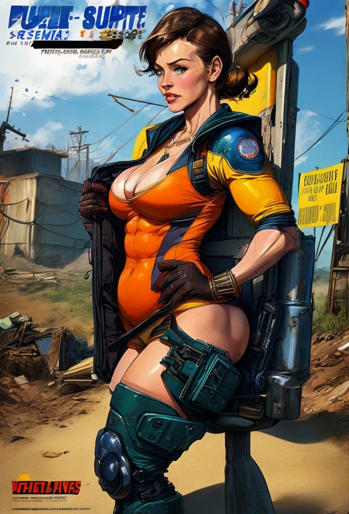 American World War II poster, Gil Elvgren style ((USA Poster, American Poster)) (((A young woman with straight dark hair long size up to her waist in superhero pose))) ((detailed outfit entirely red with gold)) (cars in the background of the image) (((robotic left arm)) (((cyberpunk arm))propaganda Poster, hero uniform, 1 girl, solo, good body, poster design, poster art style. 1980s, 1950s, 1960s, 1940s, basic color scheme, very colorful poster, colorful art, third rule, inspiring, woman, 1 25-year-old girl, hair blowing in the wind, looking at the viewer, blurred background, thick legs, green eyes, (wide hips:1.2), (chubby:1.2), (huge breasts:1.3),