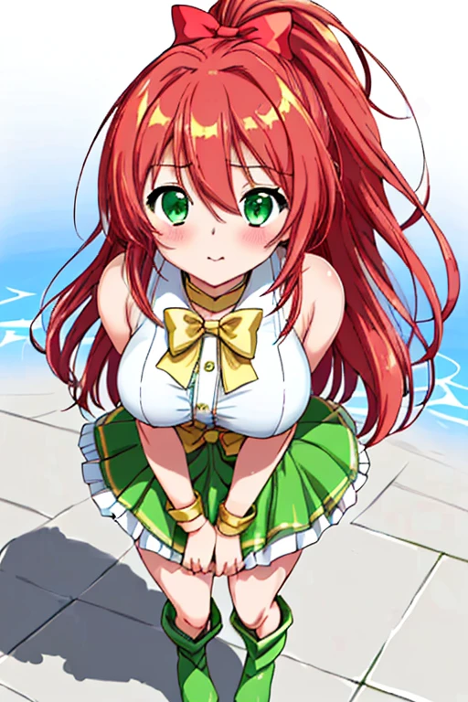real photos、real photos、real image、Highest image quality、Meilin Hawk、Squatting、spread legs、show white panties,Anime girl with red hair and green and white dress standing in front of a blue sky, Erza Scarlet as a real person, saiyan girl, portrait zodiac girl, shinkai makoto, tsukasa dokite, kakyoin, official art, Makinami, anna, :14 80s anime style, zodiac girl
