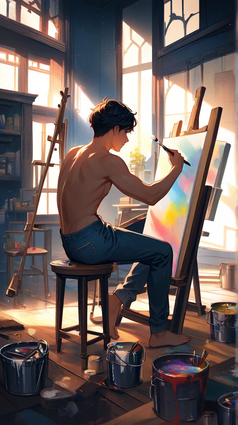 (Realistic, masterpiece, Highest quality), Nude male artist sitting at drawing board、It depicts a man。