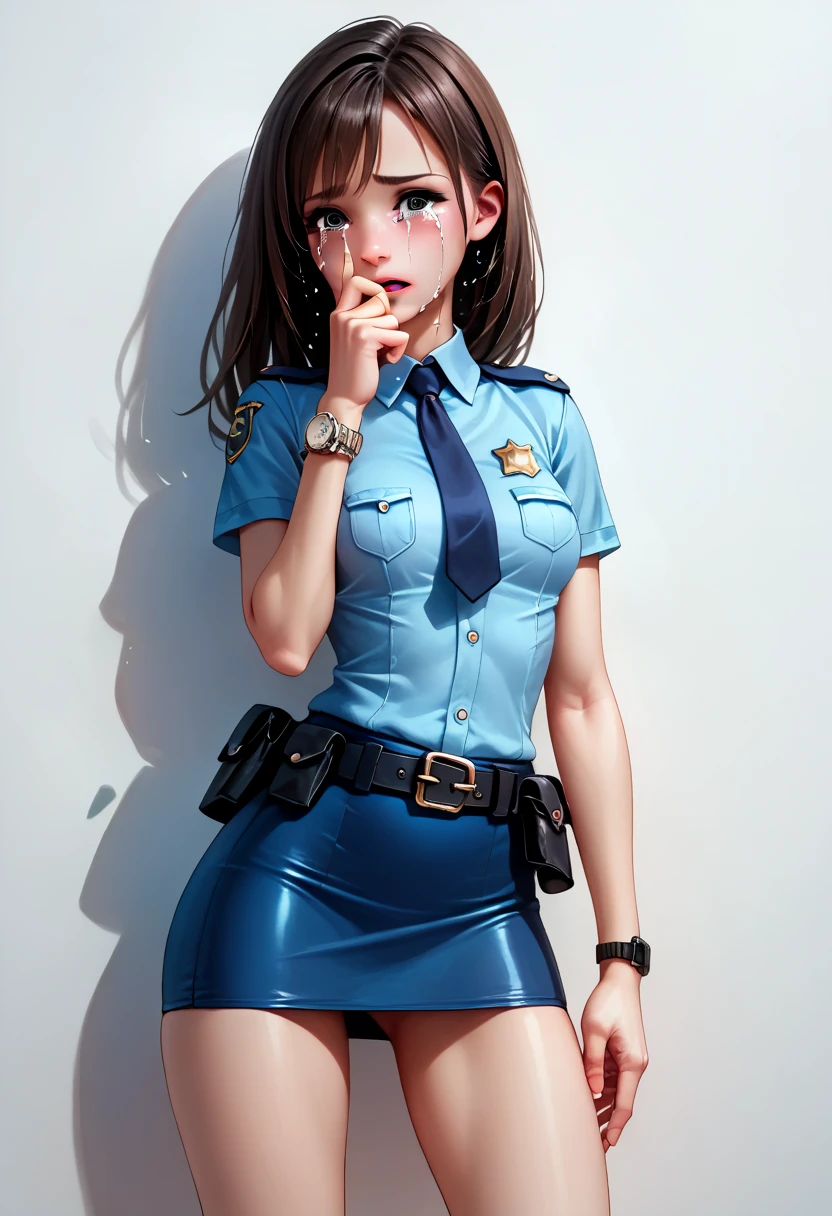 (Cinematic Digital Artwork: 1.3), High quality, masutepiece, of the highest quality, Super Detail, Illustration, [4K Digital Art]、(Moody lighting:1.2), depth of fields, Bokeh, 4K Solo, (Elite Detective、Police Uniform, policewoman), Stockings, City lights, (gaze at the audience: 1.3), Lips apart, Red lips, Shiny skin, dent in the skin, Best Quality, Ultra High Resolution, (Realism: 1.4),Fingers in someone else's mouth, Open mouth, biting fingers, Finger sucking, licking, tongue, tusk, Tongue out, POV, pov hand, Saliva, tongue、(steam,Sweat), ((a miniskirt)), Interrogation room、darkened room、Stainless steel desk and pipe chair、Katsudon and lighting on the desk、Cuffed、(((Looking down angle)))
