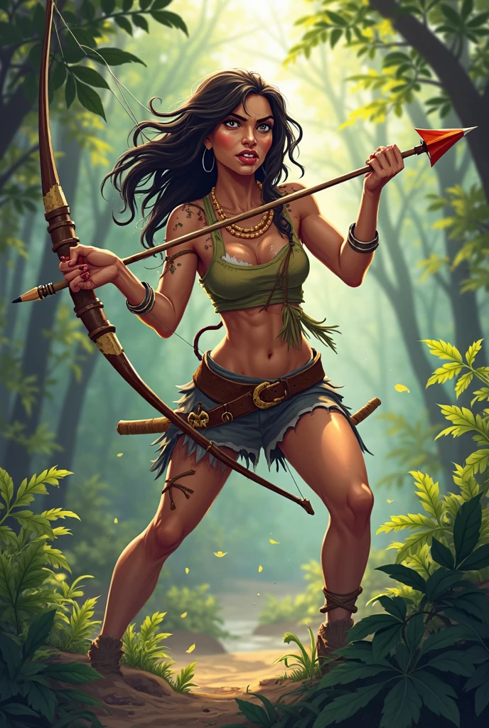 a ((native american elf)). She wears a brown leather bikini, fur cloak, fur boots, fur bracers. (((native American))), 1woman , curvy, slim waist. ((black hair)), long hair, coco skin, Dark skin, brown eyes. (detailed eyes, detailed face), smile, red lips. Square jaw, high cheekbones, strong jaw line. holding a bow and arrow, heroic shooting bow pose, holding a bow, holding bow and arrow, with bow and arrow, holding a bow and arrow, synthetic curves striking pose, wielding a bow, woman holding recurve bow, archer bow, shooting pose. Forest background, sunlight shining through the trees. Lush green Forest. Dirt path under her feet.