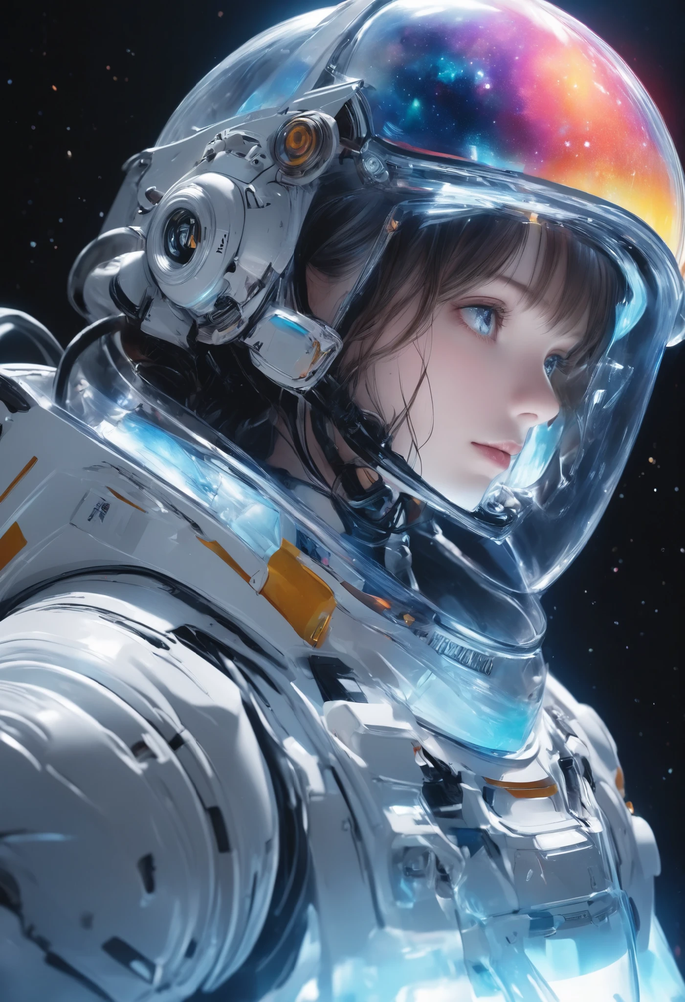 (Sci-fi, Translucent space fantasy created with glass, transparent glowing art style, reflection illustration art), side focus,
(ATTRACTIVE FEMALE CYBORG, solo, lightweight protectors are worn with transparent heavy armor), Aesthetic transparency made of glass, from below,
BREAK hold a transparent high-performance assault rifle in your hand、Take a shooting position, (\glass rifle:1.6, Extremely high transparency:1.4\), MOTION pointing your muzzle at you, Targeted, dull red glowing eyes,
BREAK holographic texture that transmits all light, aesthetic space background, from below, EXTREME HIGH TRANSPARENCY,
(High quality transparency, transparent colorful transparent glowing, transmits backlight to express beautiful transparent glowing colors, enhances clean transmittance), \absolutely denies impermeable colors\, absurd less, NSFW elements are all glowing guarded, FIGHT IN ZERO SPACE, ( point your muzzle at you 、I'm staring at you with a sharp gaze),
from below,