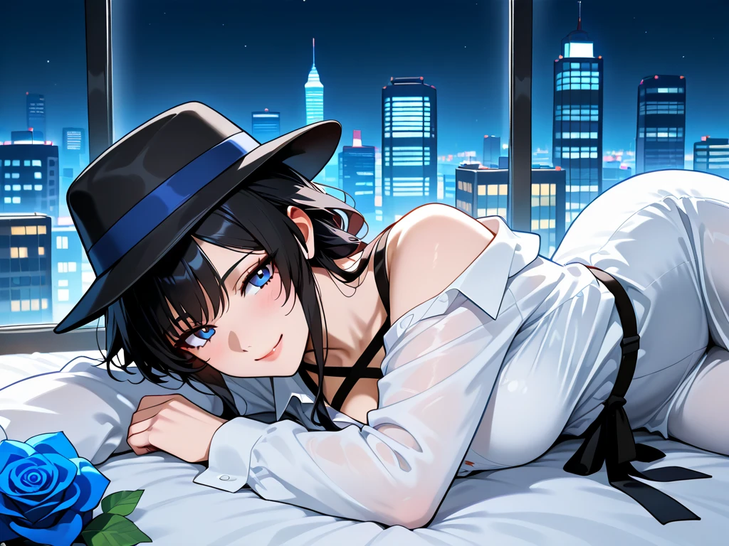 A woman wearing a bathrobe and headphones is sitting on a sofa、A beautiful night view behind、Big Breasts、sexy、Room with a night view、Moonlight、Unbuttoned、Downlight、full moon、Stylish room with fireplace、Black-rimmed glasses