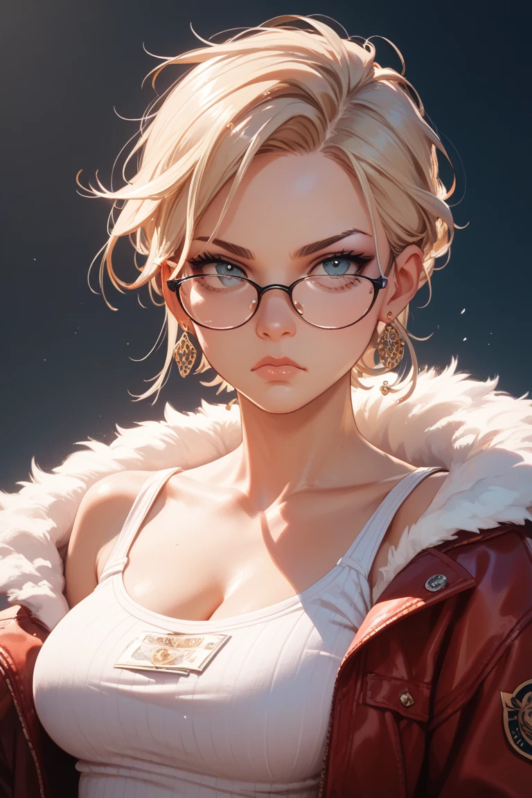 (masterpiece), best quality, expressive eyes, perfect face(masterpiece), best quality, expressive eyes, perfect face, a woman, 25 age, 80s style, short white hair, bronze skin, large breasts, black leather coat, amber eyes, aviator glasses, shirtless, micro bokini