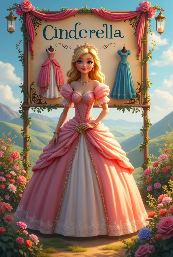 A fat blonde green eyed woman with tied blonde hair wearing a pink dress, She must have her hands on her heart and looking to the right with a smile on a blue background with no detail to highlight the woman 