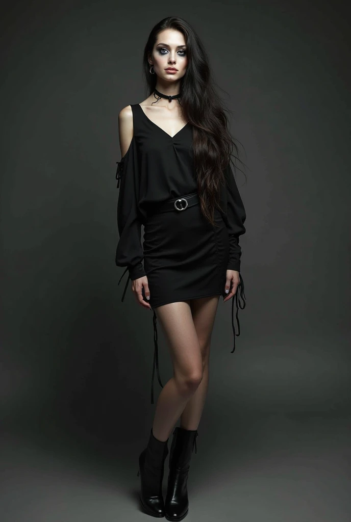 beautiful british girl, 1, lovely look, cute face, playful expression, slightly smiling, high quality skin details, looking at the camera, wearing a cute black color dress (a net looking fabric), fit body, long hair, colored hair, feminine, standing, home background, presenting her beauty, capture to thighs