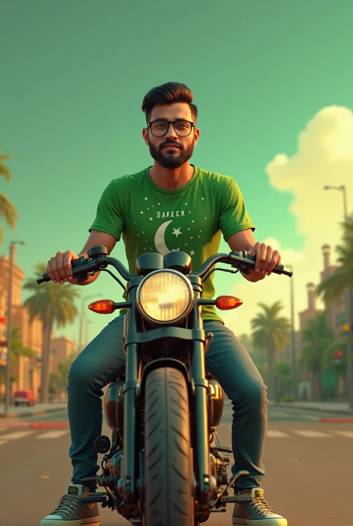 35mm film photography, Create a 3D illustration of an animated male character sitting on a motorcycle  matching the color and design of Pakistan Independence Day and wearing a green shirt with name SAMEER The character must wear casual modern clothing such as jeans and sneakers shoes. The background of the image is a independence day of Pakistan, high detail, gold glow bright orange color palette, golden hour glow