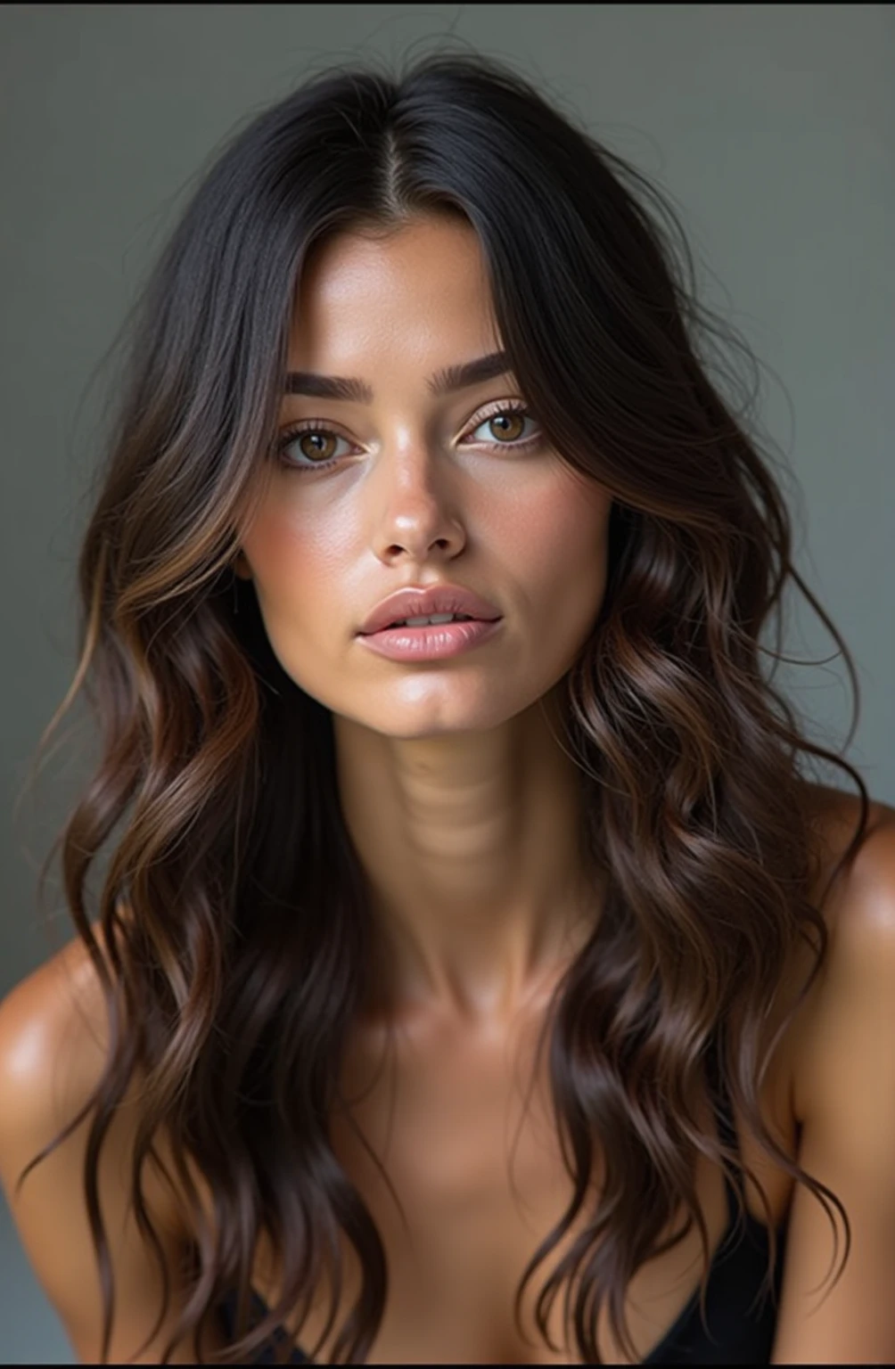 Loose wavy hair dark brown hair Beautiful woman Simple brown or beige background