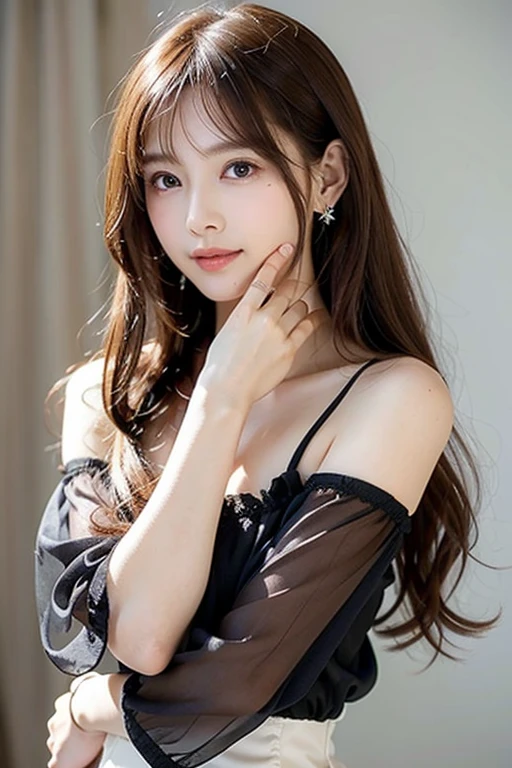 (8K images、Raw photography、the best quality、A masterpice:1.2)、(Realstic、photorealestic:1.37)、1girls、Professional lighting、Superb image quality、high resolucion、1080p、(Clear face)、(Detailed face description)、(Detailed hand description)、(Exquisite CG)、 Complex camisole figure、Long skirt、Wavy brown hair、(large tits:1.5),Whole human body、tousled hair, ponie tail、bangss、lush detail, (Exquisite facial features), (Viewer's Perspective,  (eyes of detail),happy smile face、Dark eyeliner、Small earrings、sunsets、